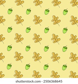 Vector autumn background with leaves in autumn colors and acorns. Repeating pattern with leaves and acorns. Seamless, autumn, acorns, leaves, colorful, falling, background, pattern.