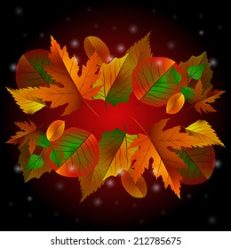 Vector autumn background with leaves on dark
