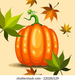 Vector autumn background with maple leaves and orange pumpkin