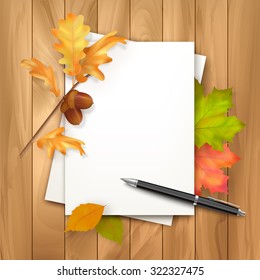 Vector autumn background with note sheets of paper, fallen leaves, ballpoint pen on wooden background
