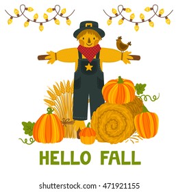 Vector Autumn Background With Pumpkins, Hay Bale, Wheat Sheaf, Scarecrow And Text 