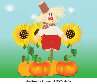 Vector autumn background with pumpkins, scarecrow, sunflower