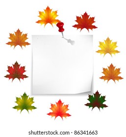 Vector autumn background. Push pin and paper note with maple leaves