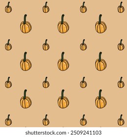 Vector autumn background with repeating seamless pattern. Pumpkin shaped pattern. Background, texture. Autumn background. Pumpkins in different sizes, drawing, colored, autumn, fabric, pattern, shape