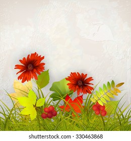 Vector autumn background with rowan berry and maple fall leaves, flowers, grass on plaster wall background