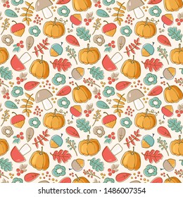 Vector autumn background. Seamless pattern with leaves, pumpkins, acorns, mushrooms and berries.