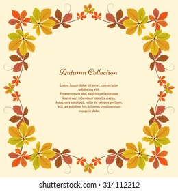 Vector autumn background, square frame with yellow chestnut leaves, autumn leaves, seasonal background