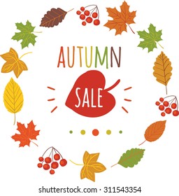 Vector autumn background with text "Autumn" and colorful leaves, foliage
 and berries. Isolated on white