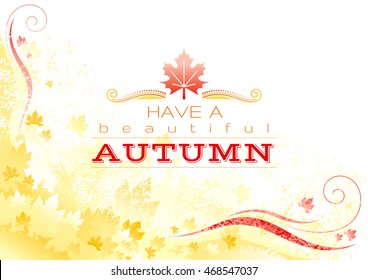 Vector autumn background with yellow, orange leafs,abstract wave lines, swirls, logo and copy space for text. Seasonal vector illustration in abstract modern style.

