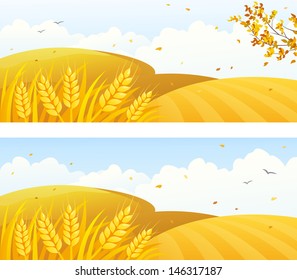 Vector autumn backgrounds with crop fields and falling leaves
