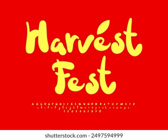 Vector autumn badge Harvest Fest. Funny Yellow Font. Decorative Alphabet Letters and Numbers set