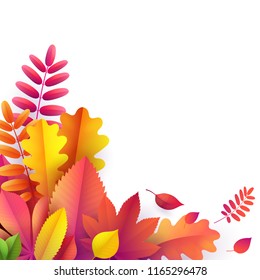 Vector autumn banner. Bouquet of bright yellow, orange, red fallen autumn leaves on blank white background with empty space. Greeting, gift banners, cards template with frame of autumn leaves border 