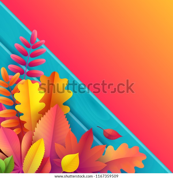 Vector autumn banner. Bouquet of bright yellow, orange,
red fallen autumn leaves on turquoise background with wooden
texture. Greeting, gift, discount promotion and party banners and
cards template.  