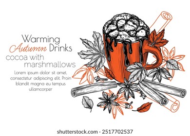 Vector autumn banner. Cocoa with marshmallow, spices and chocolate sauce in engraving style