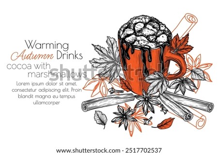 Vector autumn banner. Cocoa with marshmallow, spices and chocolate sauce in engraving style