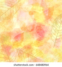 Vector autumn banner design, with a frame made up of skeleton leaves and tree branches, with copyspace, on a golden background texture