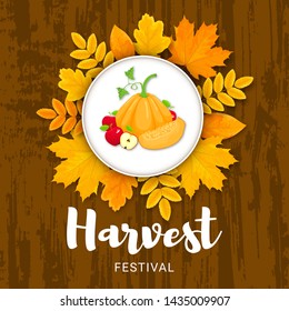 Vector autumn banner with pumpkin and apples in circle nameplate with yellow cartoon leaves. Text Harvest Festival on wooden background.  
