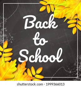 Vector Autumn Banner. Text Back to School. Scratched Blackboard. Yellow Leaves. White Frame.
