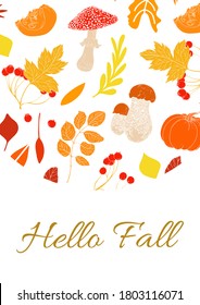 Vector autumn beautiful frame of yellow and red leaves, berries, mushrooms, pumpkins 
