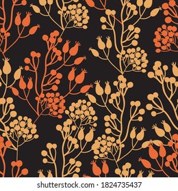 Vector autumn berries silhouettes repeat pattern background.