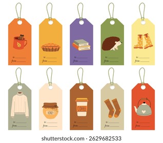 Vector Autumn big label tags set in hand-drawn style. Cozy fall doodle designs for decorating gifts, banners, postcards, and greeting cards. Autumn collection in warm flat style.