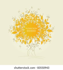  Vector autumn big tree with golden frame for text