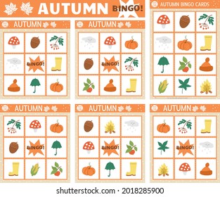 Vector Autumn bingo cards set. Fun family lotto board game with cute pumpkin, mushroom, umbrella for kids. Fall seasonal lottery activity. Simple educational printable worksheet.
