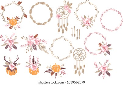 Vector autumn boho elements. Vector collection. Feather, roses, dreamcatcher, bouquets, weathers, arrows