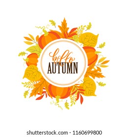 Vector Autumn border with pumpkins, aspen,oak and maple leaves on white background. Hello Autumn. Perfect for holiday invitations and greeting cards