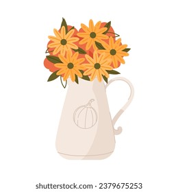 Vector autumn bouquet in ceramic beige jug with fall leaves and orange flowers on a white background. Cute seasonal holiday illustration