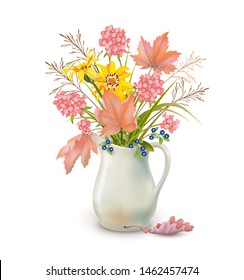 Vector autumn bouquet in ceramic jug with fall leaves and flowers on a white background