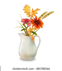 Vector autumn bouquet in ceramic jug with fall leaves and flowers on a white background