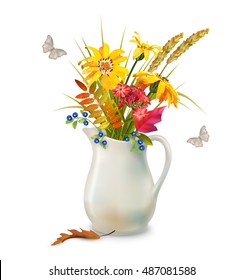 Vector autumn bouquet in ceramic jug with fall leaves and flowers on a white background