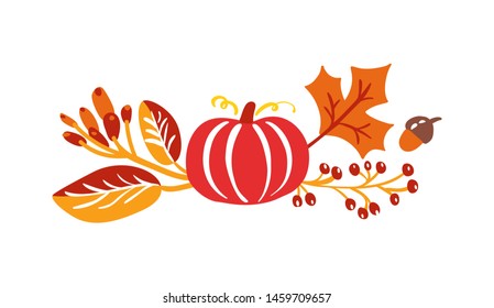 Vector autumn bouquet elements. maple orange leaves, berries and pumpkin isolated on white background. Perfect for seasonal holidays, Thanksgiving Day