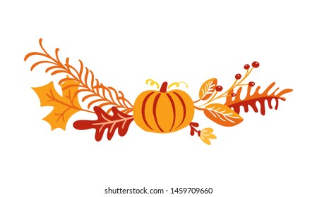 Vector autumn bouquet elements. maple orange leaves, berries and pumpkin isolated on white background. Perfect for seasonal holidays, Thanksgiving Day