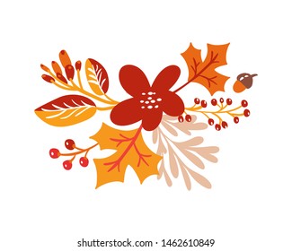 Vector autumn bouquet elements. maple orange leaves, berries flat lay composition isolated on white background. Perfect for seasonal holidays, Thanksgiving Day