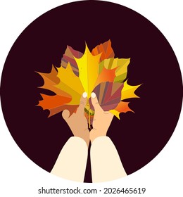 El ramo vectorial de otoño de follaje en las manos. Hojas de otoño amarillas, naranjas y violetas en el fondo marrón oscuro.