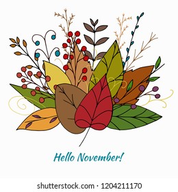Vector autumn bouquet made of colorful doodle leaves isolated on white background. Beautiful fall illustration with abstract plants and berries. Hand drawn seasonal greenery design. Autumn wreath.