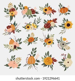 Vector autumn bouquets with pumpkins, rose peony, leaves. Floral illustration with sunflowers