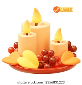 Vector autumn candles with leaves. Fall decor, burning candles, yellow and orange leaves, guelder rose fruits