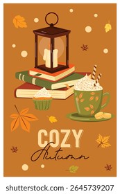 Vector autumn card, banner. Illustration of the concept of autumn mood, drinks and food.