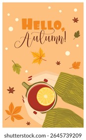 Vector autumn card, banner. Illustration of the concept of autumn mood, drinks and food.