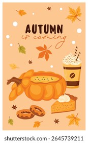 Vector autumn card, banner. Illustration of the concept of autumn mood, drinks and food.