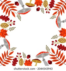 Vector autumn card border frame. Colorful autumn leaves, mushrooms and berries. Decorative greeting card.