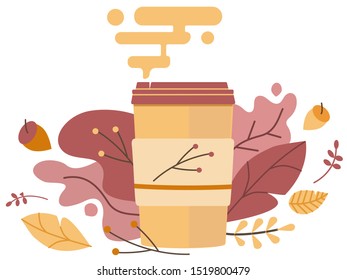 Vector autumn card with a cup of coffee, a drink with you, falling leaves. Stylish seasonal illustration. Autumn. Hot drinks.