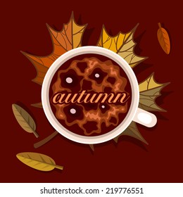 Vector autumn card with a cup of coffee on the maple leaf