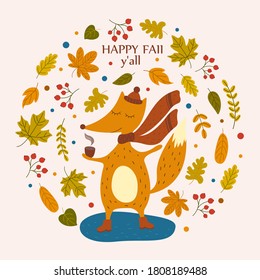 Vector autumn card with cute fox, bright falling leaves, rowan and text "Happy fall y'all". Cute childish illustration with a cartoon character. Greeting card for the fall season.
