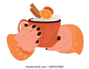 Vector autumn card with hot cup with cream, marshmallow, clove spice and cinnamon. Flat cartoon illustration of hand holding mug of coffee or tea.