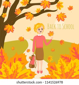Vector autumn card with pretty schoolgirl with leaf and schoolbag standing under the maple tree on the path in the park. Text back to school.