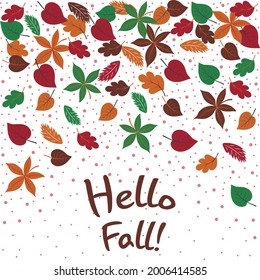 Vector autumn card with pumpkin, apples, falling leaves, acorn, mushrooms and the text Hello fall. Round shape background for autumn season. Harvest time.